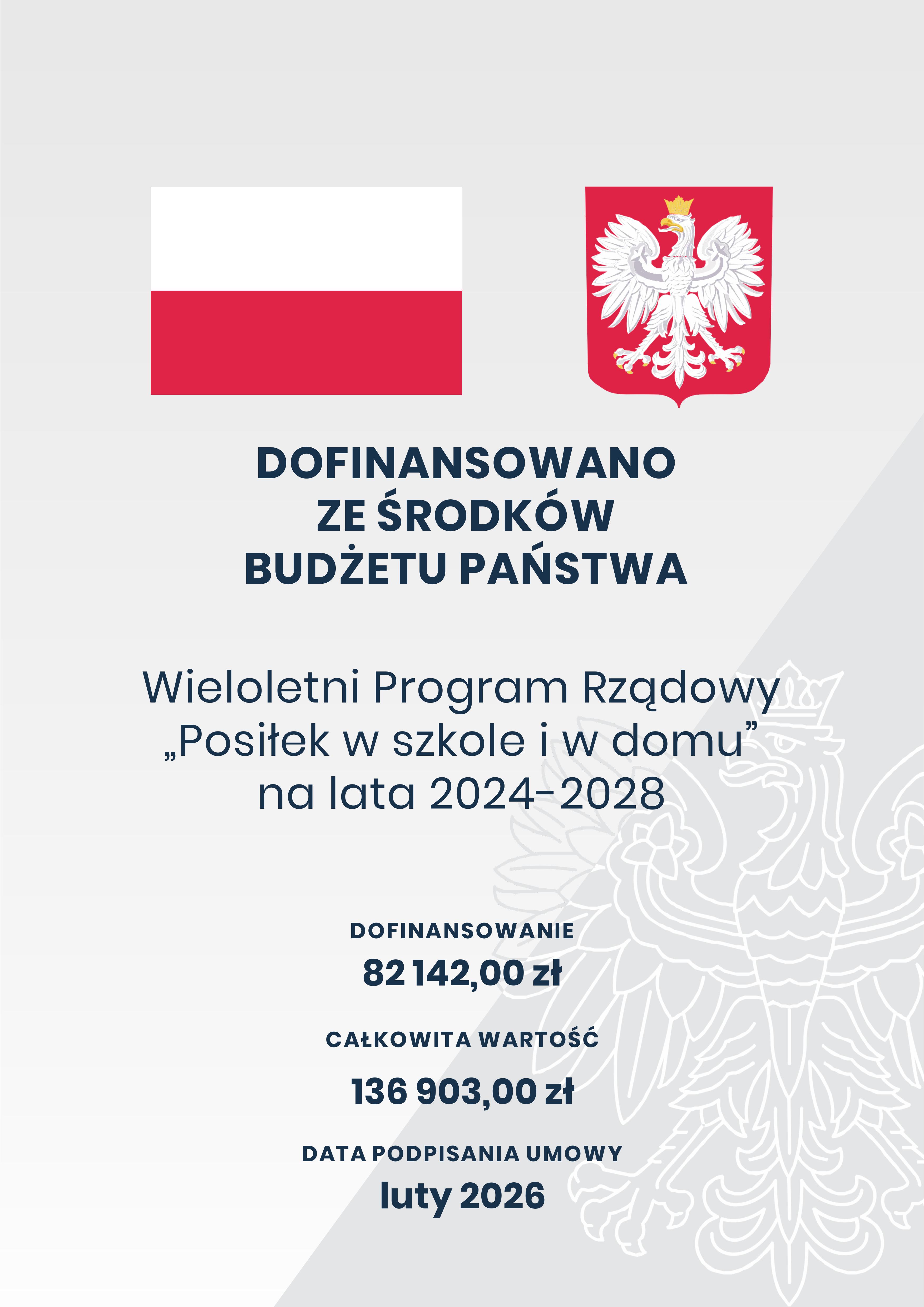 Plakat informujący o dofinansowaniu Wieloletniego Programu Rządowego &bdquo;Posiłek w szkole i w domu&rdquo; ze środk&oacute;w budżetu państwa w kwocie 82 142,00 zł.