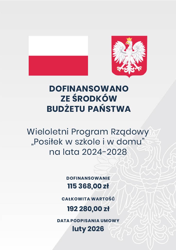 Plansza informacyjna o dofinansowaniu z budżetu państwa dla wieloletniego programu rządowego &bdquo;Posiłek w szkole i w domu&rdquo; na lata 2024&ndash;2028. Widoczne są flaga Polski i godło. Dofinansowanie wynosi 115 368,00 zł, całkowita wartość 192 280,00 zł, a data podpisania umowy to luty 202