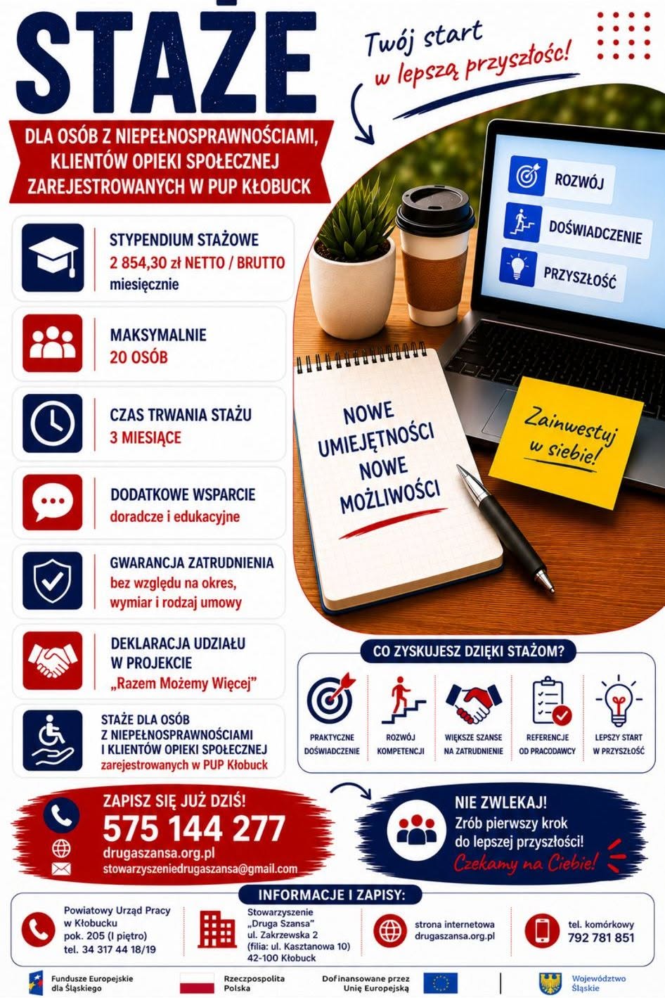 Plakat informacyjny o 3-miesięcznych stażach dla os&oacute;b z niepełnosprawnościami i klient&oacute;w opieki społecznej zarejestrowanych w PUP Kłobuck; stypendium wynosi 2854,30 zł miesięcznie, przewidziano maksymalnie 20 miejsc oraz wsparcie doradcze i edukacyjne.